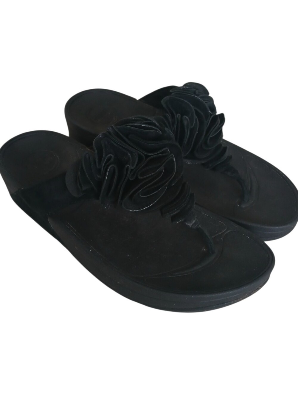 FITFLOP Frou Ruffle Suede Platform Wedge Sandals Women's 8 Black Feminine Comfy